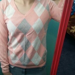 Pink gray and white argyle sweater