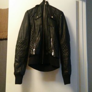 Black faux leather moto jacket.