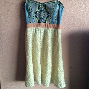 Aztec print + cream lace strapless dress
