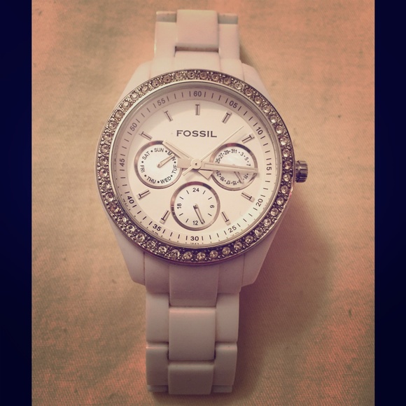 Fossil white ceramic watch w/ stones