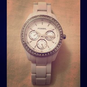 Fossil white ceramic watch w/ stones