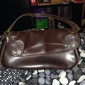 Small brown green and pink purse.