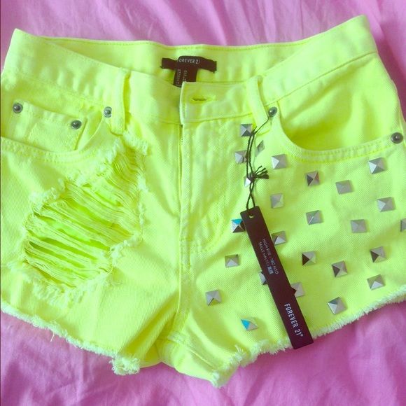 TRENDING!! Neon yellow studded high rise shorts