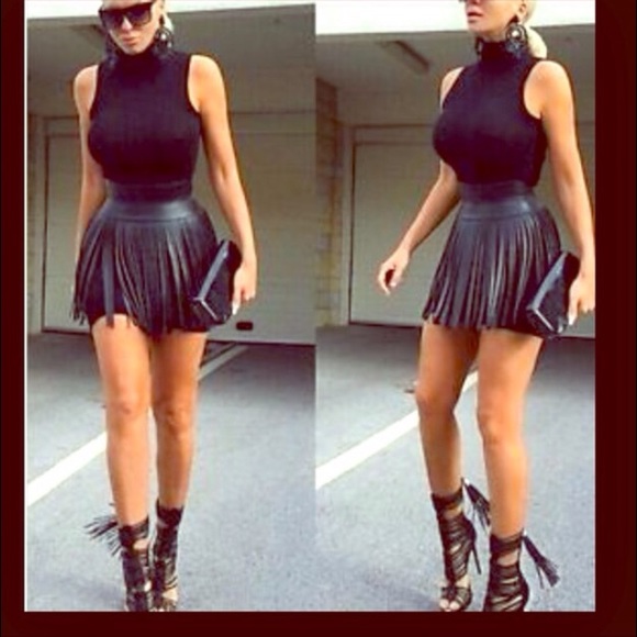 New black turtleneck dress fringe leather skirt