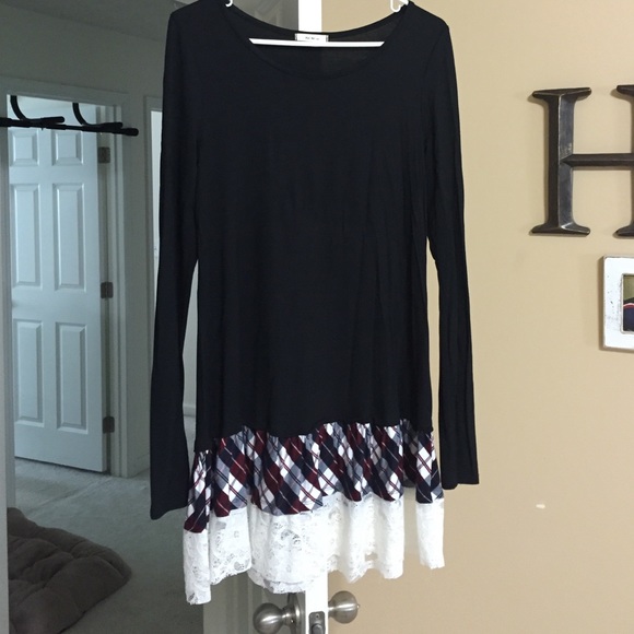 EUC boutique black, plaid, lace dress