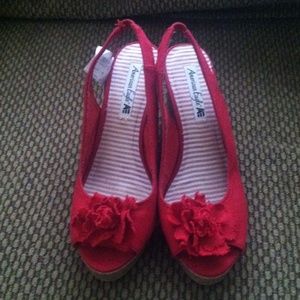 Red American Eagle Open Toe Wedges NWT