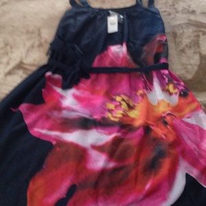 Blue silky dress with flowers. Light weight.