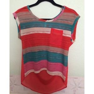 Orange multicolor high low sheer blouse