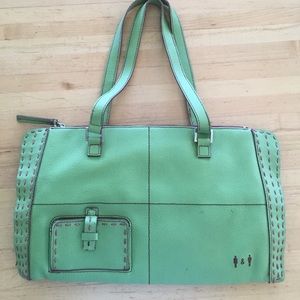 Green vegan leather purse with pink stitching