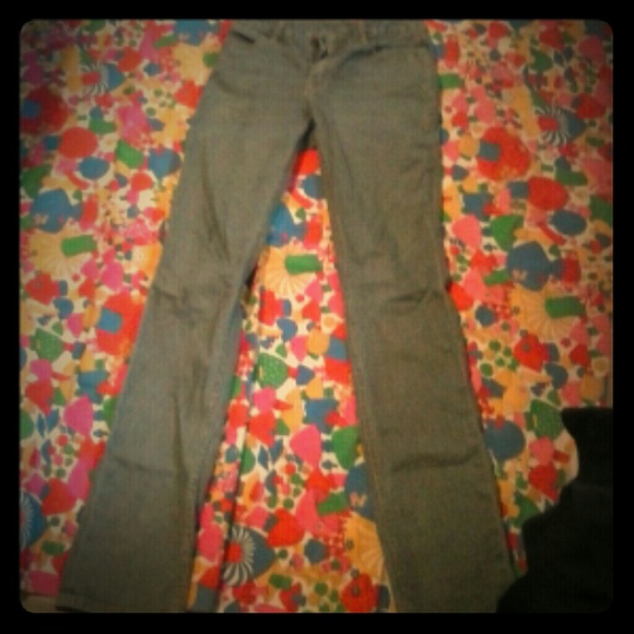 Railroad pattern bootleg jeans