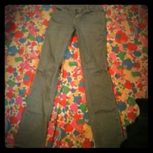 Railroad pattern bootleg jeans