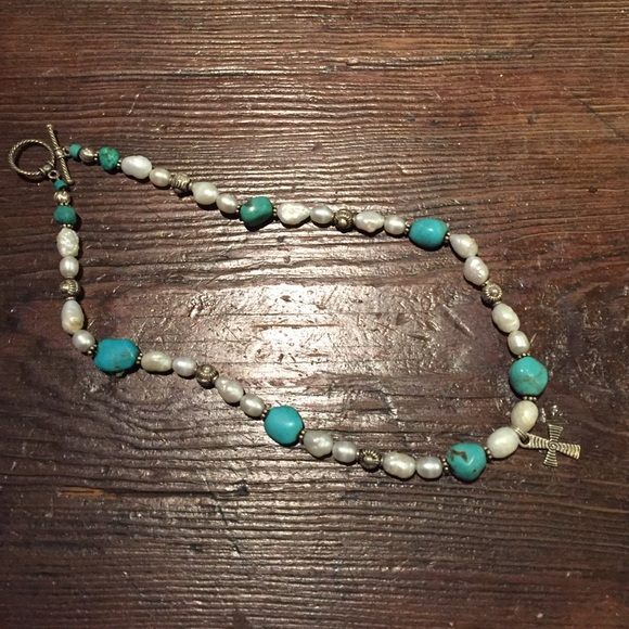 Genuine pearl, turquoise and silver necklace - Picture 1 of 3