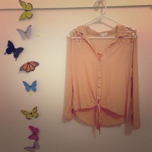 Tan open shoulder 3/4 sleeve button down