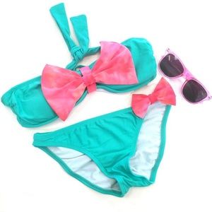 Teal Bandeau Bikini with Pink Bows Small Swimwear