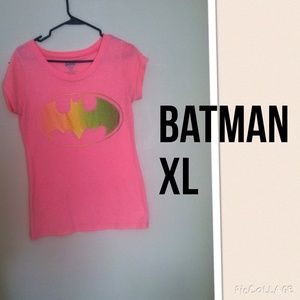 Pink batman shirt w/ colorful logo