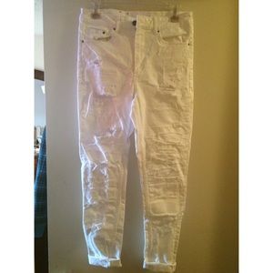 H&M high waisted white distressed jeans