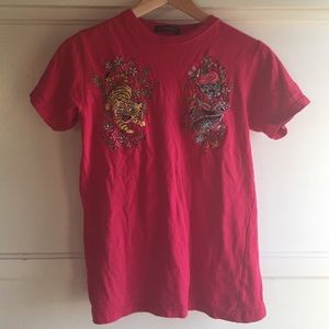 Red 90s Chinese T Shirt Tattoo Style Tiger Design