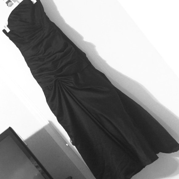 Black satin evening gown strapless busseled back