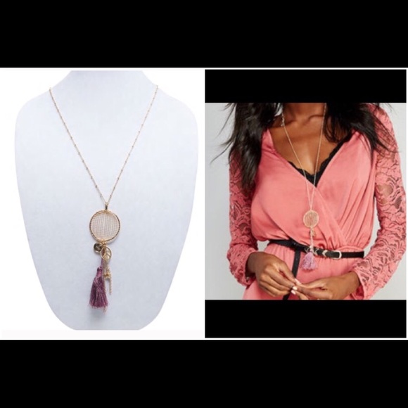 NWT caged circle tassle long charm gold necklace
