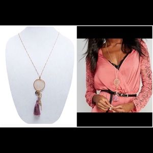 NWT caged circle tassle long charm gold necklace