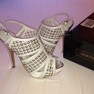 White & silver caged peep toe pumps