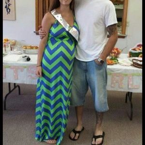 Long, green and blue summer dress