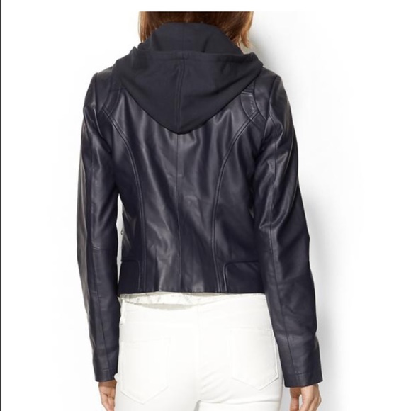 Navy hooded faux leather zip jacket Xs - Picture 2 of 3