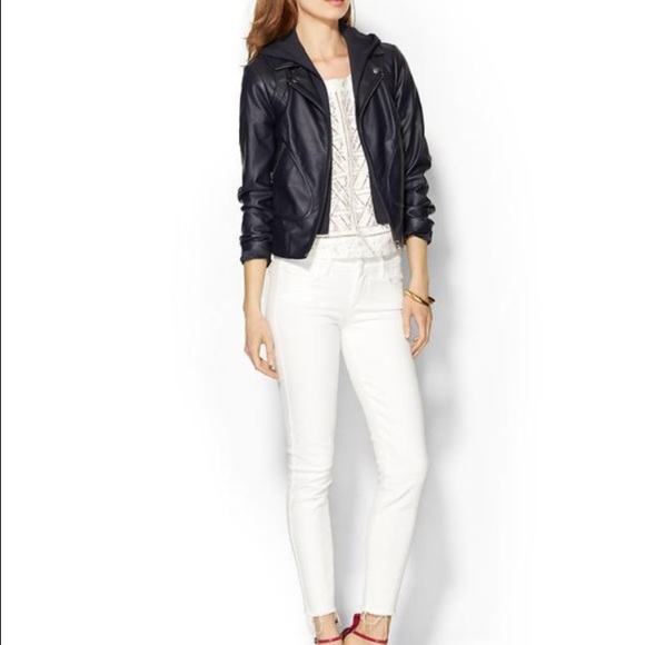 Navy hooded faux leather zip jacket Xs - Picture 3 of 3