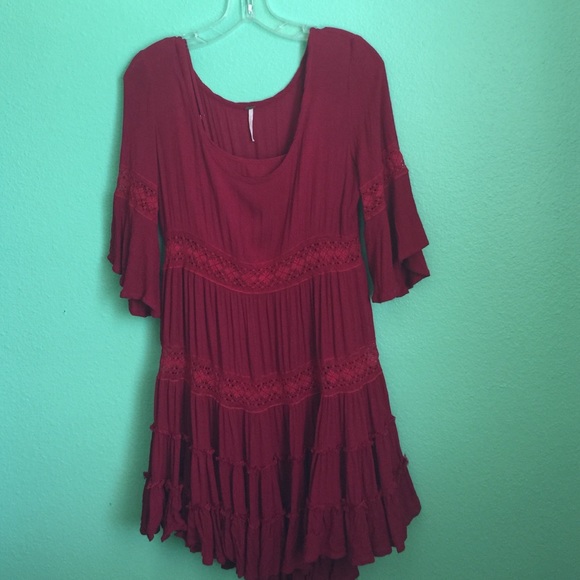 Free people red ruffle dress sm with lace accents