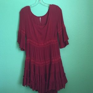 Free people red ruffle dress sm with lace accents