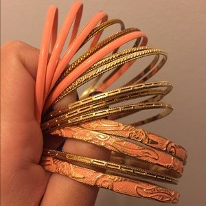 Coral and gold bangle set