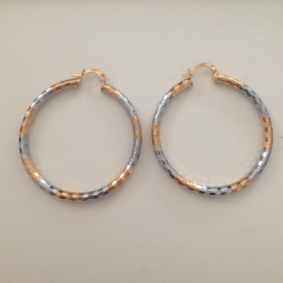 2 tone bling earring 18k gold&silver filled 50mm