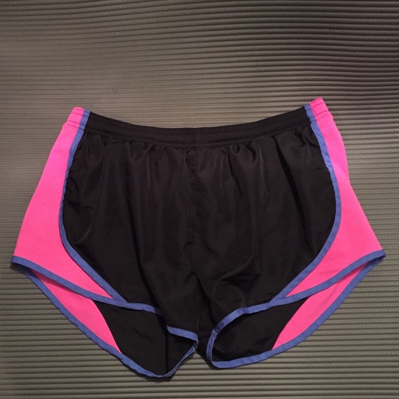 running shorts; lavender, pink, black