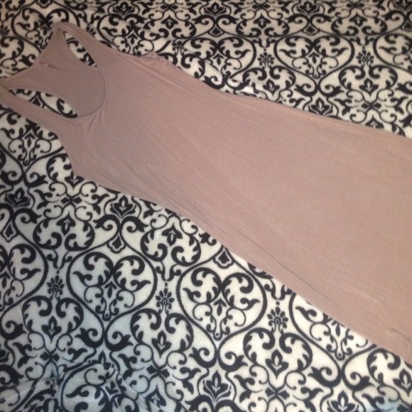 nude form fitting maxi dress
