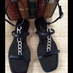 Auth. Black Gucci Gladiator Sandal with Chain
