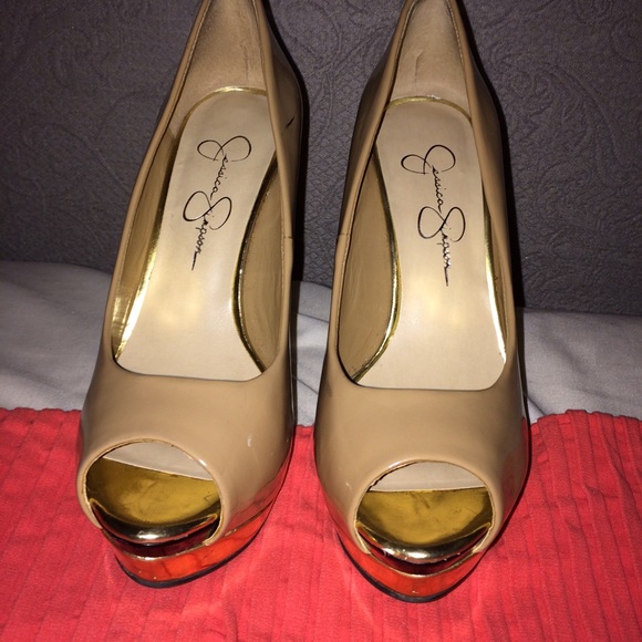 Nude Jessica Simpson peep toe with gold and black