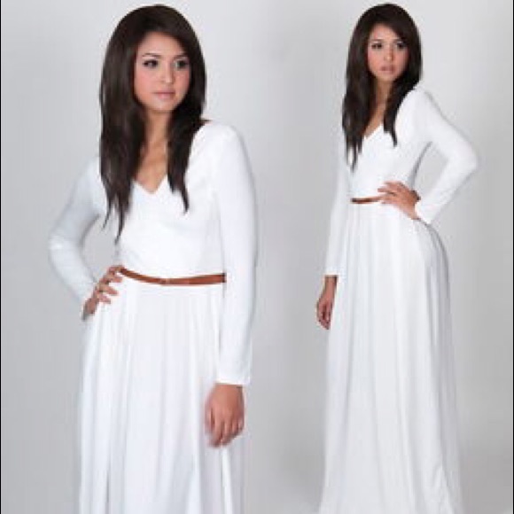 Women's White Vneck Long L maxi dress