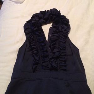 Navy blue dress with ruffled neckline with buttons