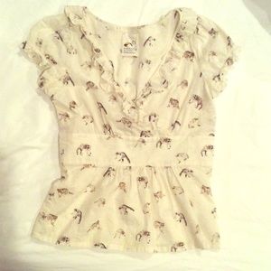 Anthropologie raccoon print, Swiss dot blouse