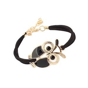 Black Faux Leather Owl Charm Bracelet