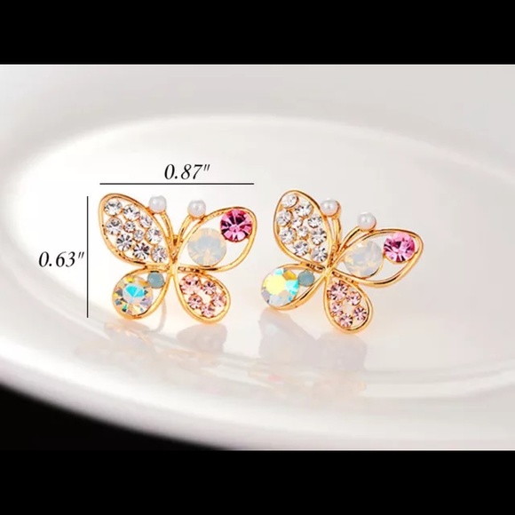GOLD Butterfly Multi Colored Crystal Rhinestone Earrings - Picture 2 of 3