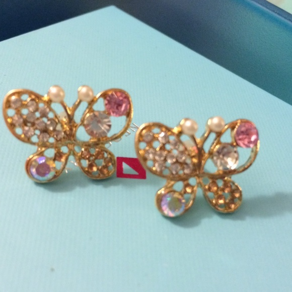 GOLD Butterfly Multi Colored Crystal Rhinestone Earrings - Picture 3 of 3