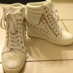 Gold and White Studded Platform Sneakers