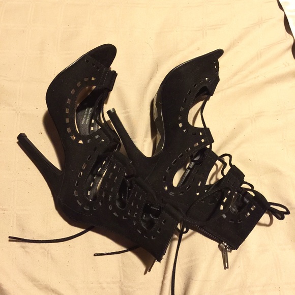 Black cutout lace up heels