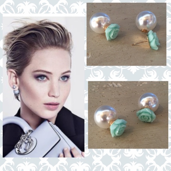 ***Double Sided Pearl Aqua Flower Earrings***