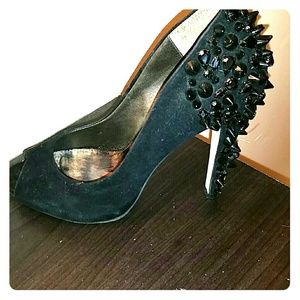 Peep toe suede heels