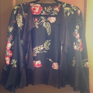 Vintage black silk kimono with floral design.
