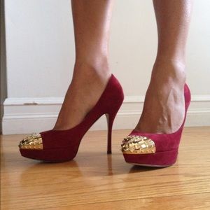 Valentino dark red suede studded toe pumps