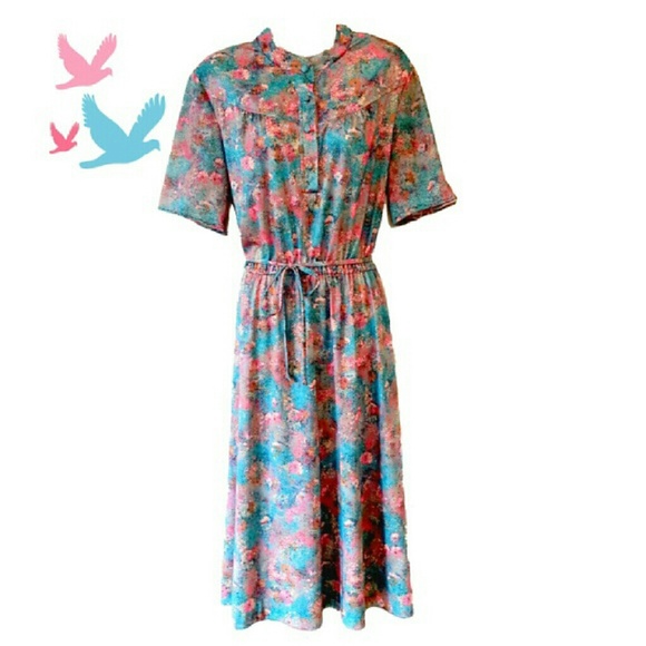 SOLD Vintage floral print sun dress blue pink - Picture 2 of 3