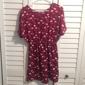 Everly Crimson, grey, & white elephant print dress